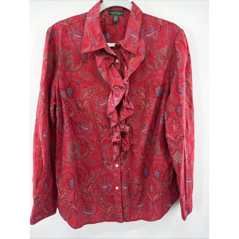 Ralph Lauren Jeans Co Button Down Shirt Vtg Womens Ruffled Paisley Festival 1X